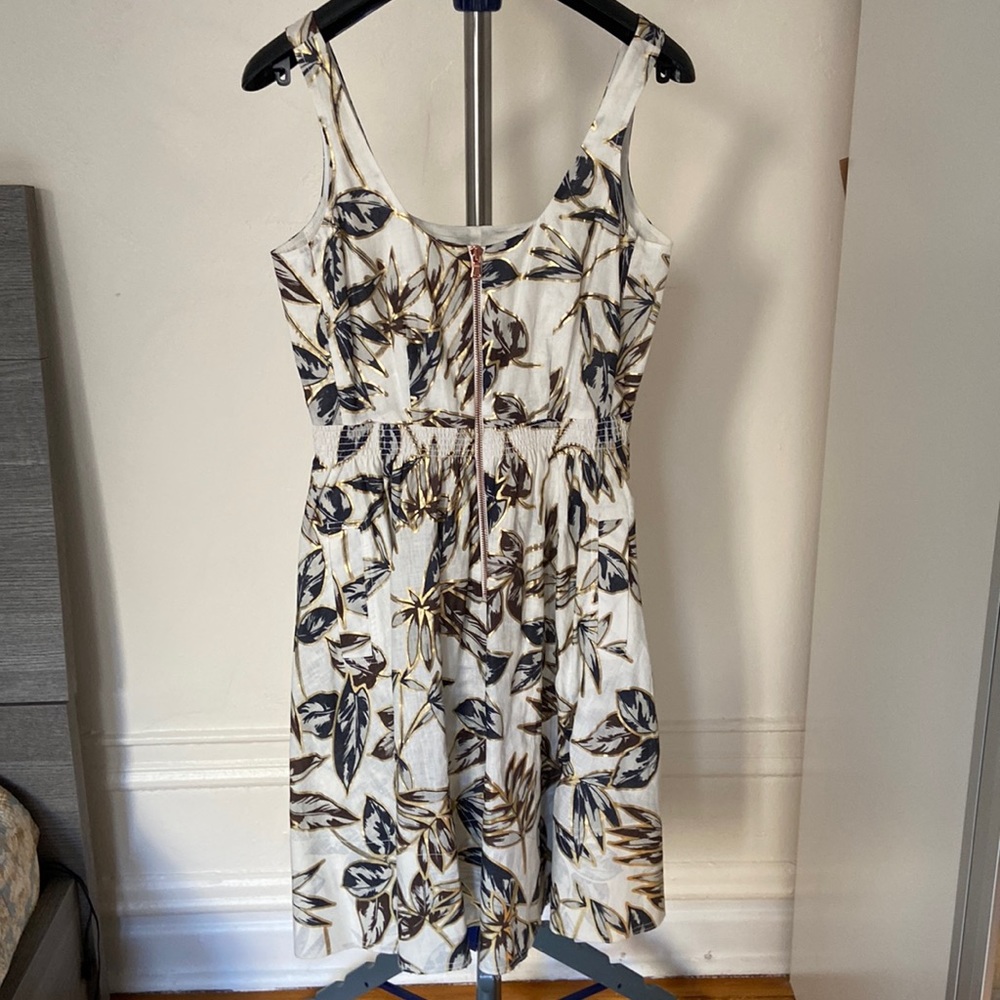 NWR JCrew Linen Gold Foil Leaf Dress with pockets Size 4